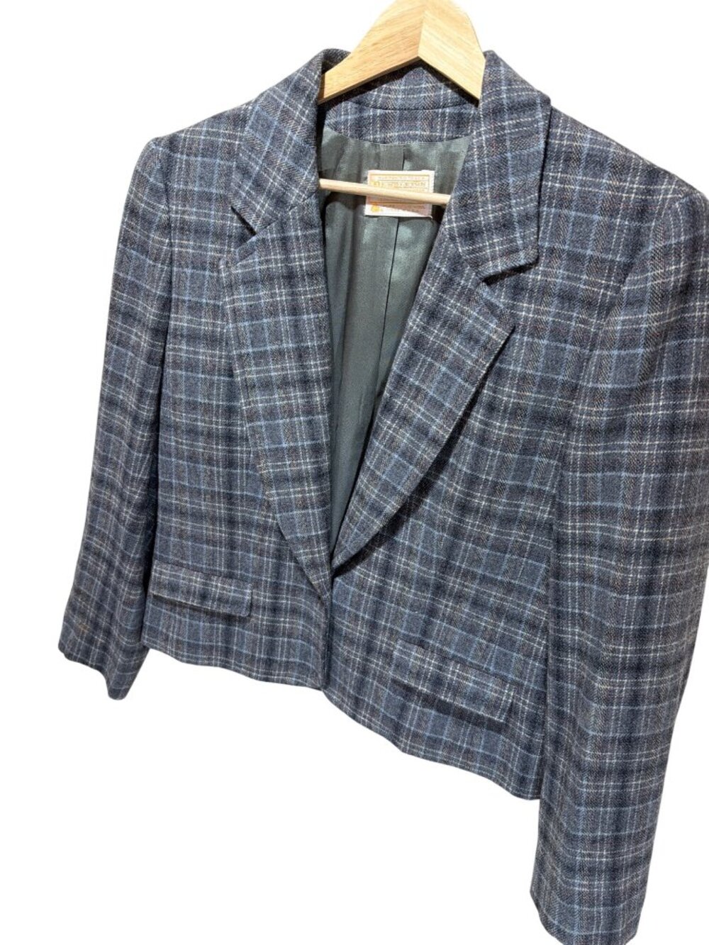 Pendleton Vintage 80s Gray Blue Tartan Plaid Cropped Tailored Blazer